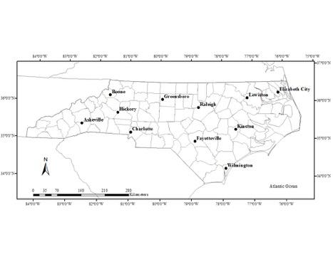 Map of NC with city sites of simulations marked